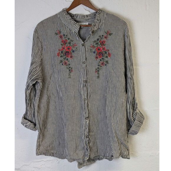 North Style Boho Blouse Womens 2X Striped Floral Embroidery Coastal Breezy - Picture 1 of 8